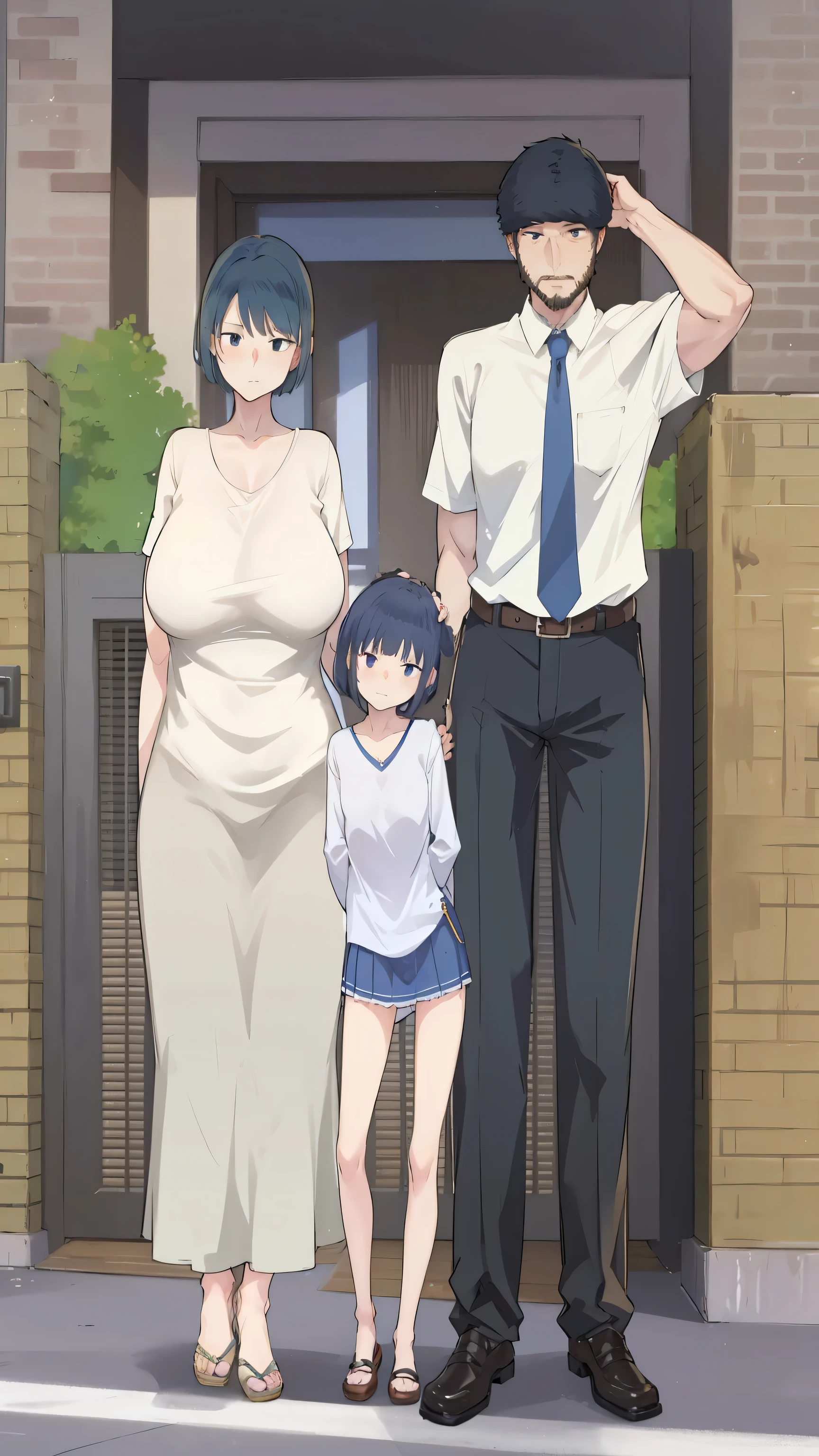 Family, big breasted mother with long hair, small daughter with short hair, tall father with a small beard, mother wearing a dress, daughter wearing a school uniform, father wearing a staff uniform