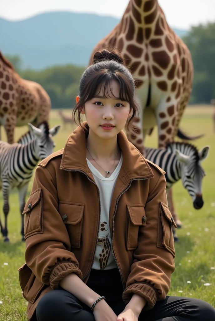 ( detailed realistic background:1), ( official art, beautiful and aesthetic:1 ), realistic lighting, cinematic lighting, hyperrealism, soft light, sharp, artistic photoshoot, ( cute, petite ), slender, pale cheeks, natural "no-makeup" makeup,  ((The girl is at the zoo park, 1Giraffe in the background)), looking at viewer, light smile,