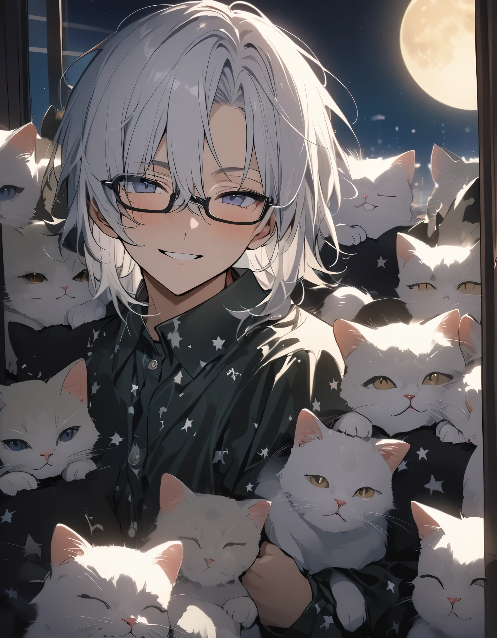 Masterpiece,  ((20 years old boy)), white hair, smile, glasses, star pattern pajamas, surrounded by many cats, the moon from the window, Night, ((upper body))