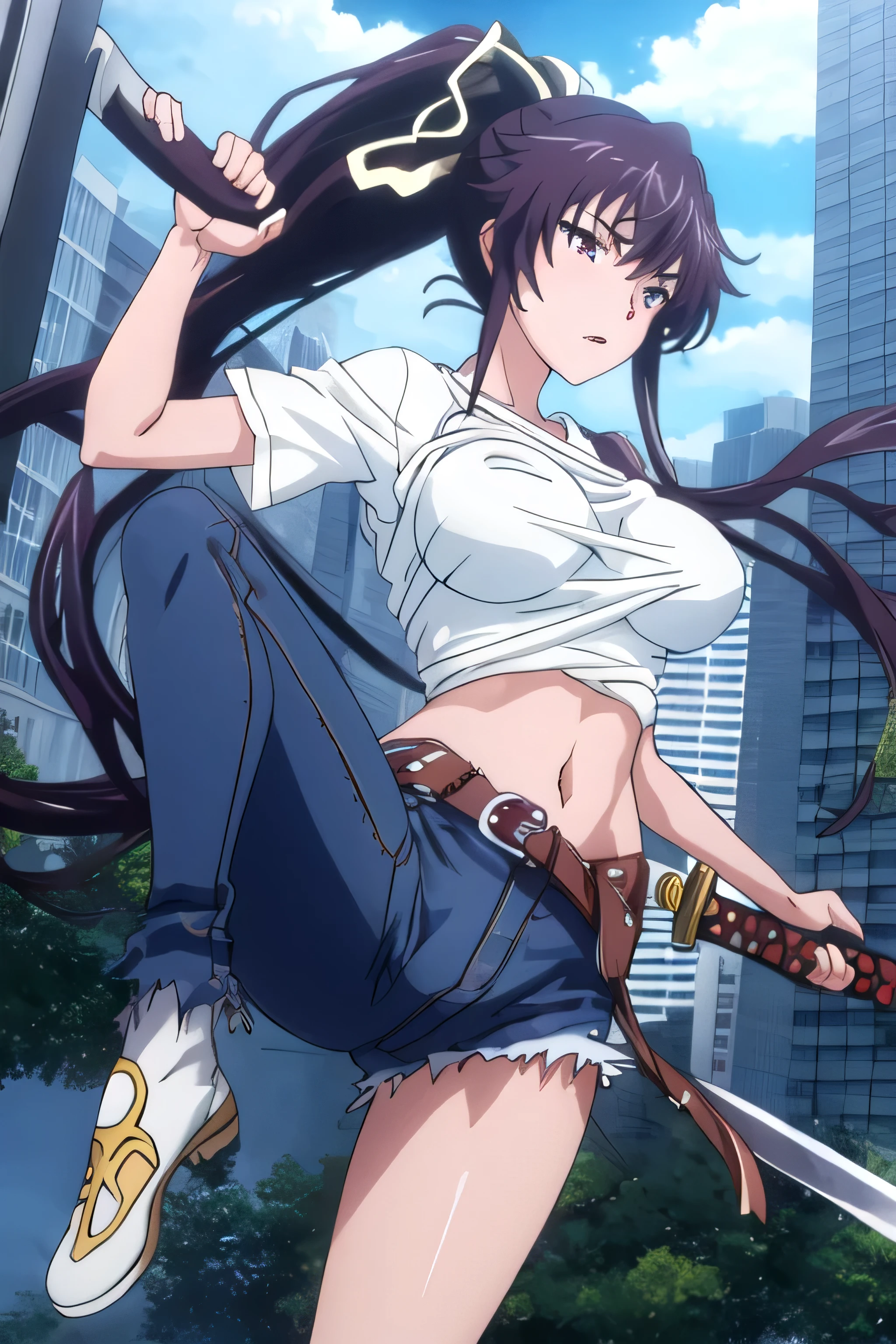 Beautiful girl 、jeans、One side short pants, one side long, long hair、ponytail、big breasts、Official Anime Art、dynamic gesture、Swinging the Sword, Jump and lift your legs, Thin shirt,Wet shirt, in the city