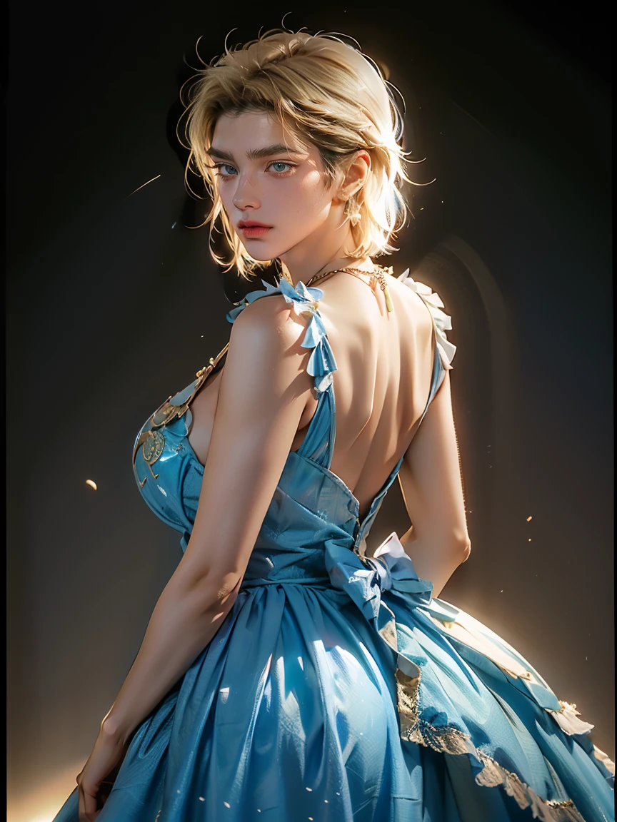 (male), Cinderella, 1, short blonde hair, male hair style, blue dress, sexy blue dress, big , big butt, gold necklace, crown, standing, Random camera angle.,Close the center of the image..., light particles, Attention to details, Grandeur and awe, cinema, A stunning visual masterpiece, double exposure, realistic, cinematic scene, Highest quality, 32ก, emphasized, cleavage, ((big breasts:)), lewd, erotic, fancy background
