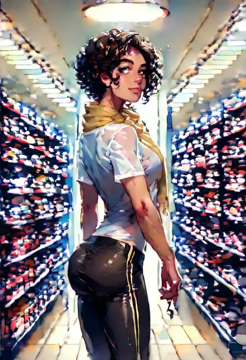 day(s)

: A beautiful woman with golden curly hair, a loose scarf on her head and around her neck, a tight t-shirt with an open collar that accentuates her prominent chest and a prominent torso, a long and stylish and long shapely coat. Pants that highlight her defined hips and buttocks. He is shopping at a store, shown in full. This scene should depict her in a natural and subtle way and emphasize the stylish and fashionable aspects of her clothes. Realistic lighting, background lighting, face lighting, ray tracing, (illuminating light: 1.2), ( Quality Enhancement: 1.4), (with the best real texture skin quality: 1.4), detailed eyes, detailed face, quality eyes, (emotional and seductive expression: 0.0).