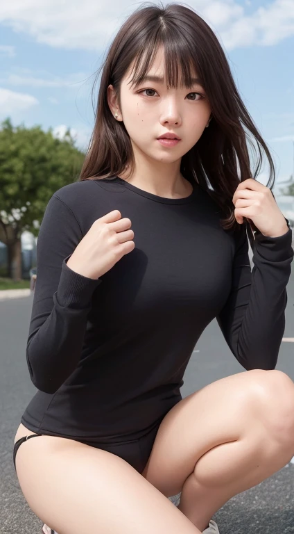 ((Top Quality、8K、masterpiece:1.3))、a tall and beautiful woman、Perfect Figure:1.4、Slim Abs、dark brown hairstyle、shorth hair、No postural movement、Stand up straight、Huge bust、Highly detailed facial and skin texture、(A detailed eye, Symmetry Eyes, Clear eyes, Double eyelidd、Cold-stricken face、Symmetrical face), Royal sisters full of fans、The Telegraph Esbian、peach buttocks、Beige color Small Sleeveless Tight Knit Dress、squart、(Raw foto:1.2)、((Photorealcitic:1.4))Top Quality、masterpiece、Real Photography、very delicate and beautiful.、super detailed CG、Unity、8K photo wallpaper、delicate detail、best qualtiy、Highly detailed CG unity 8k wallpaper、absurderes、Incredibly Absurd、huge file size、extremely highly detailed、Hight Resolution、ighly Details、Beautiful detail girl、extremely detailed eyes and face、beautiful delicate eyes、Facial light、cinematic lightings、1girll、see -through,Watch your audience,plein air,Sunny and cheerful、high ponytail、ulzzang-6500、The Telegraph Esbian, Exercise、machinery