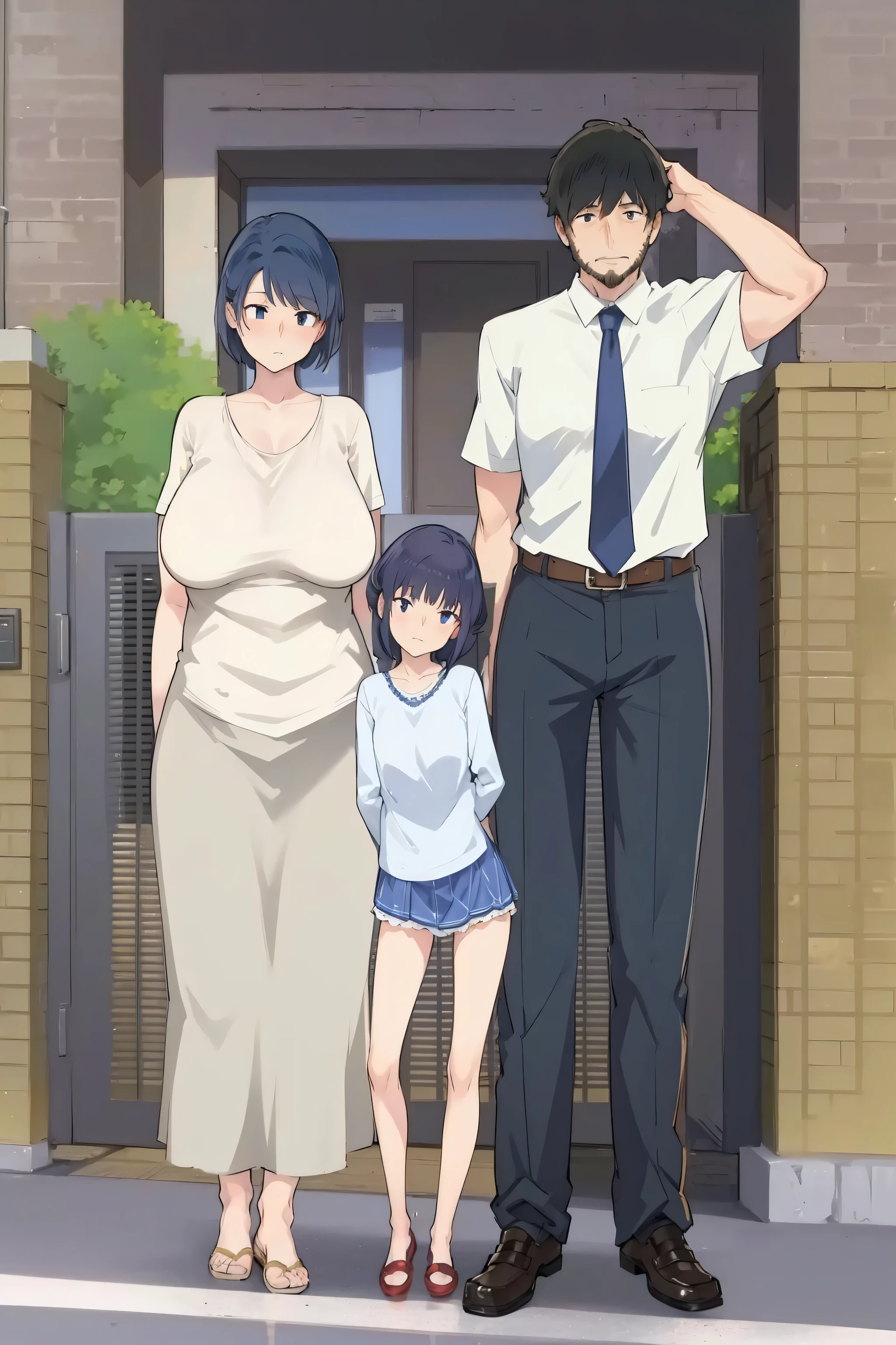 Family, big breasted mother with long hair,  daughter with short hair, tall father with a small beard, mother wearing a dress, daughter wearing a school uniform, father wearing a staff uniform 
