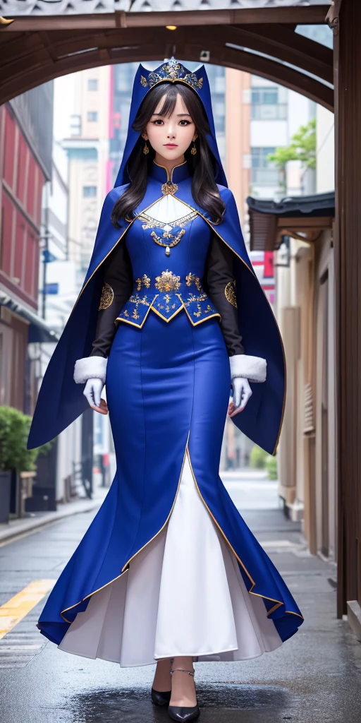 South korea walk women mystery hood up with modern royal Blue coat with long and wide sleeves with buttons and royal Blue cape and very high white heel over the knee and white gloves, As she reveals a small secret hidden blade coming from his wrist , adding to the characters mysterious, with small movements of air on the cape, in summer at night under the rain, with buildings featuring curved eaves and detailed architecture. sophisticated and highly detailed, ultra hd, realistic, hyper detailed, enhanced colours, ultra sharp focus, with vibrant, rich in details High quality, gorgeous, captivating, 8k, super detailed, stunning shadows, detailed lines, blood stain on coat and gloves and walls, a recently dead person with their throat slit