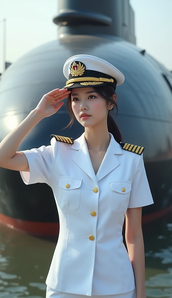 "Imagine a striking scene aboard a formidable battleship, where a high-ranking female officer of the Indonesian Navy stands with an air of authority and grace. The vast expanse of the ocean stretches out behind her, the horizon blending seamlessly with the sky.
She is dressed in a pristine naval uniform, meticulously detailed with insignias that signify her rank and accomplishments. Her military cap is perched confidently on her head, its brim casting a slight shadow over her determined eyes. Her gaze is focused, exuding a blend of strength and wisdom, reflecting the many challenges she has overcome.
The deck of the battleship is bustling with activity, yet she remains a calm and commanding presence amidst the organized chaos. The sleek lines of the ship and the towering masts frame her figure, emphasizing her pivotal role in this maritime scene.
The sun is beginning to set, casting a golden glow across the scene, highlighting the metallic sheen of the battleship and the subtle contours of her uniform. Her stance is firm, hands clasped behind her back, embodying the resilience and dedication of a leader who inspires respect and admiration.
This prompt captures the essence of a powerful and dignified female naval officer, standing as a symbol of strength and leadership against the backdrop of Indonesia's naval prowess."