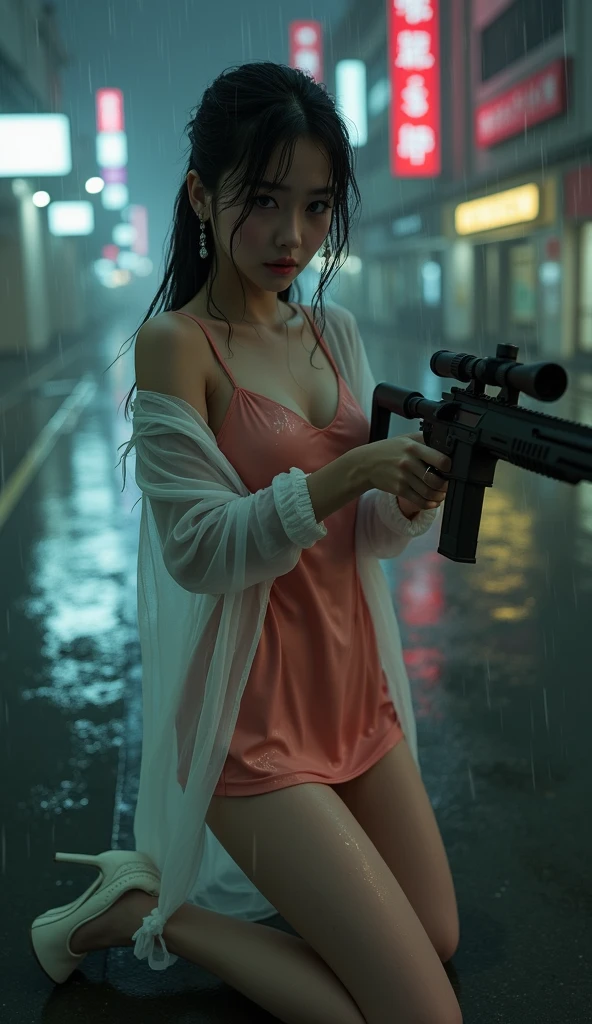 Best Picture Quality, Masterpiece, Super Hi-Res, (Fidelity: 1.4), Photograph, One stunningly beautiful white woman, smile,A look of determination, downtown Los Angeles in the background,(holding AK-47:1.5),[(sadness)], sky blue shirt, dim, dark, desperate, pathetic, pathetic, cinematic, tears, tear drops, (torn clothing: 1.5), (wet clothing: 1.4), Bare shoulders, real rain, wet hair