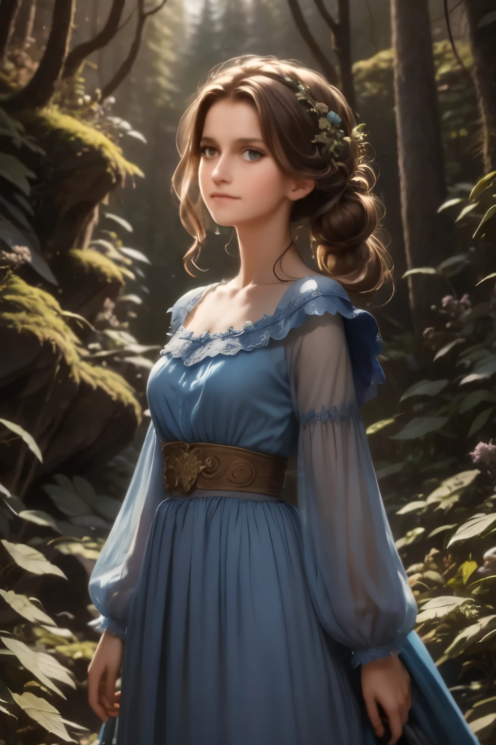 masterpiece, best quality, marianne_timeskip, blue dress, capelet, dark alpine forest, standing, night, looking up, upper body, detailed face