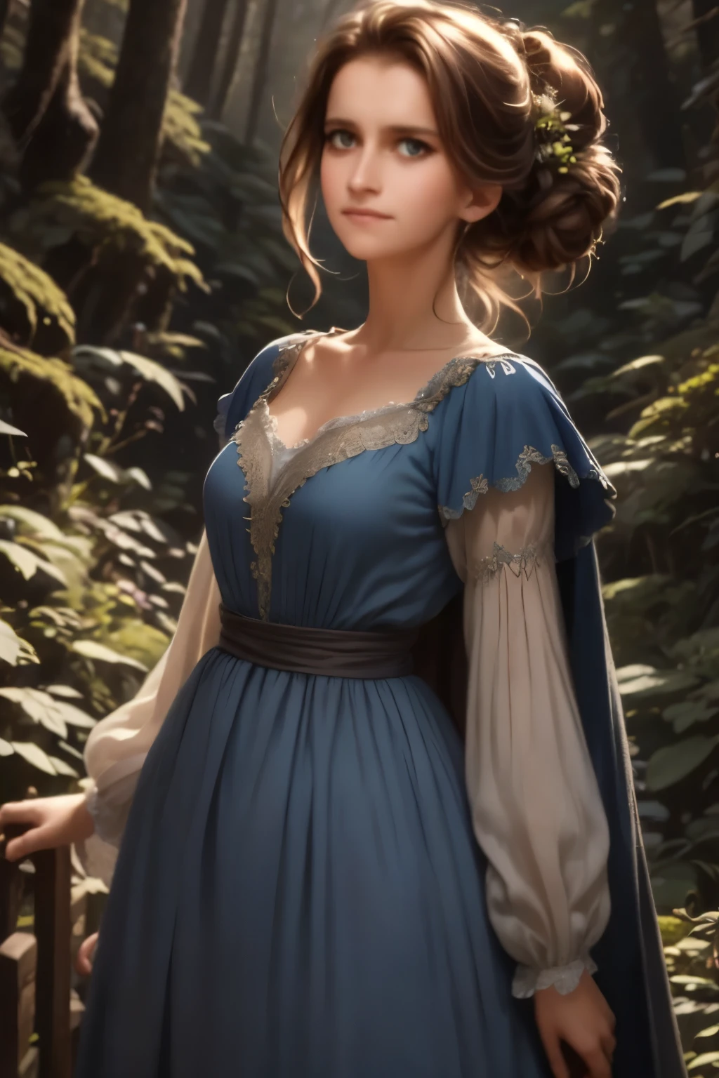 masterpiece, best quality, marianne_timeskip, blue dress, capelet, dark alpine forest, standing, night, looking up, upper body, detailed face