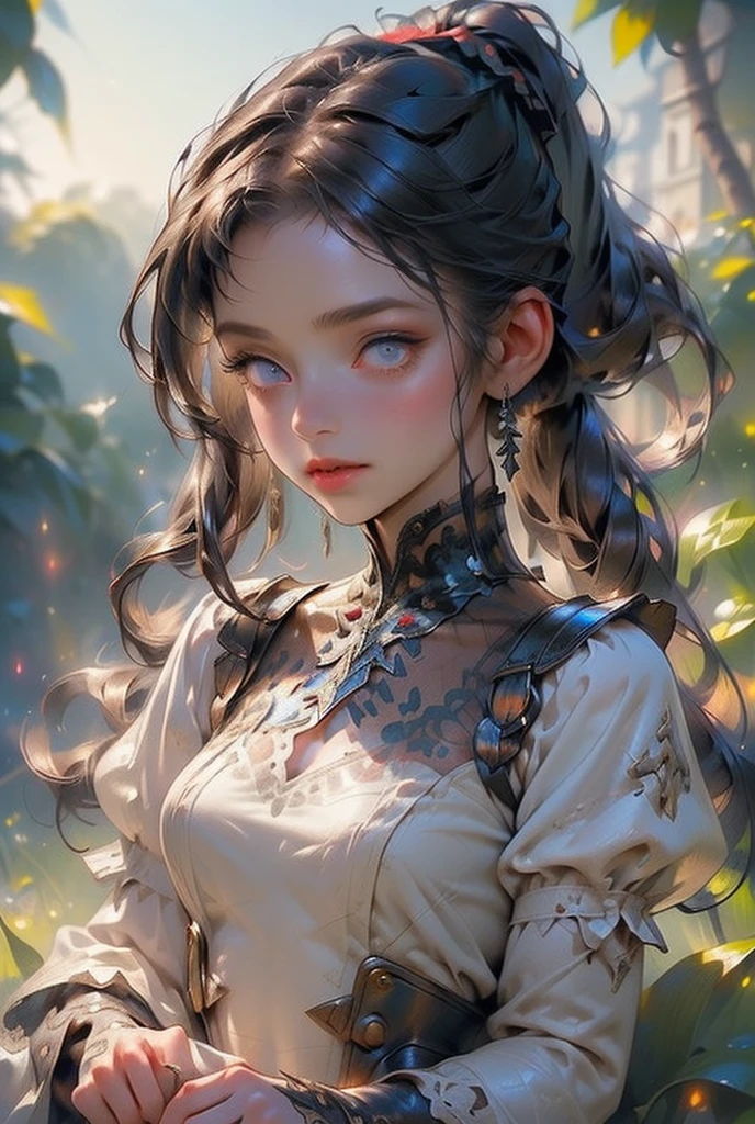Create an illustration of a young woman standing in a mystical forest during twilight. The woman has long, wavy auburn hair that catches the soft, glowing light of surrounding fireflies. Her hair is adorned with a delicate blue ribbon and a braid intertwined within it. She wears a flowing white dress with blue floral patterns, which gently sways with the evening breeze.The forest around her is lush and verdant, with tall trees and dense foliage, creating a serene and enchanting atmosphere. Small blue butterflies and ethereal fireflies illuminate the scene with their soft, luminescent glow. The background hints at the deep woods, with shadows playing around, adding depth and a sense of mystery.The woman's expression is serene, and she seems lost in thought, her profile highlighted by the gentle, magical light. The overall mood of the illustration is one of peaceful contemplation and otherworldly beauty.