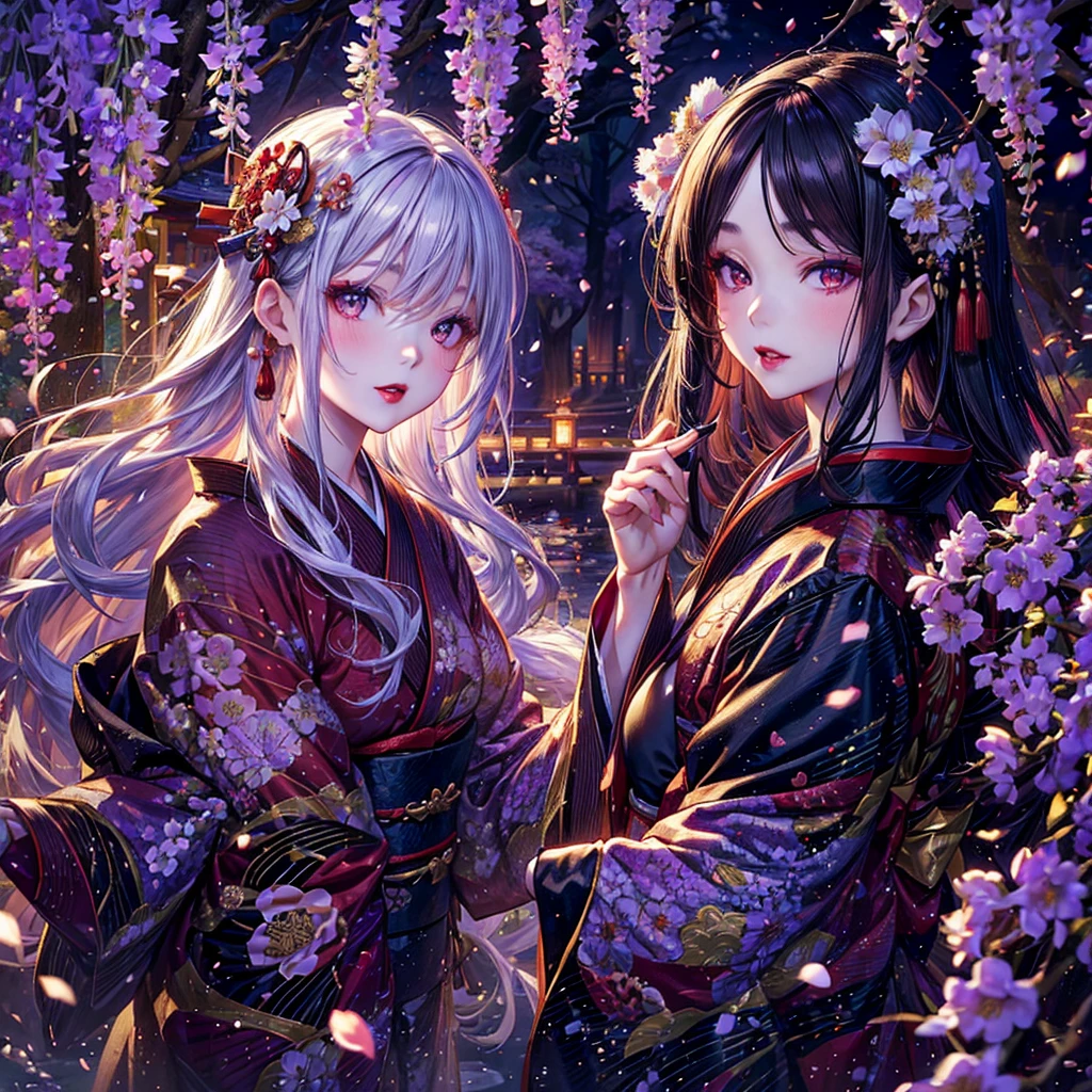 A woman with large, indifferent-looking deep blue eyes, long eyelashes, fair skin, pink lips, a beautiful face, an indifferent expression, no smile, long raven hair with a purple sheen reaching her waist, her hair loose and tied back slightly with a small silver crescent moon hairpin, voluminous hair, wispy bangs, wearing the Demon Slayer Corps uniform from Kimetsu no Yaiba, over a dark blue haori jacket, with a white full moon on the back of the haori and traditional water wave patterns surrounding the full moon, as well as cherry blossom branches and a few small cherry blossoms around the pattern, the haori's hem features a subtle blend of water wave and cherry blossom patterns, harmonious, elegant, and gentle. The scene is a night sky with the moon shining brightly along with stars, trees, and grass, in harmony. The lighting and blurriness create an ethereal effect. A gentle breeze blows, and her figure is slender and natural.