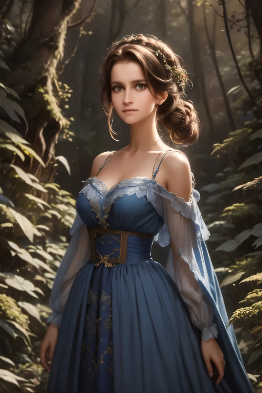 masterpiece, best quality, marianne_timeskip, blue dress, capelet, dark alpine forest, standing, night, looking up, upper body, detailed face