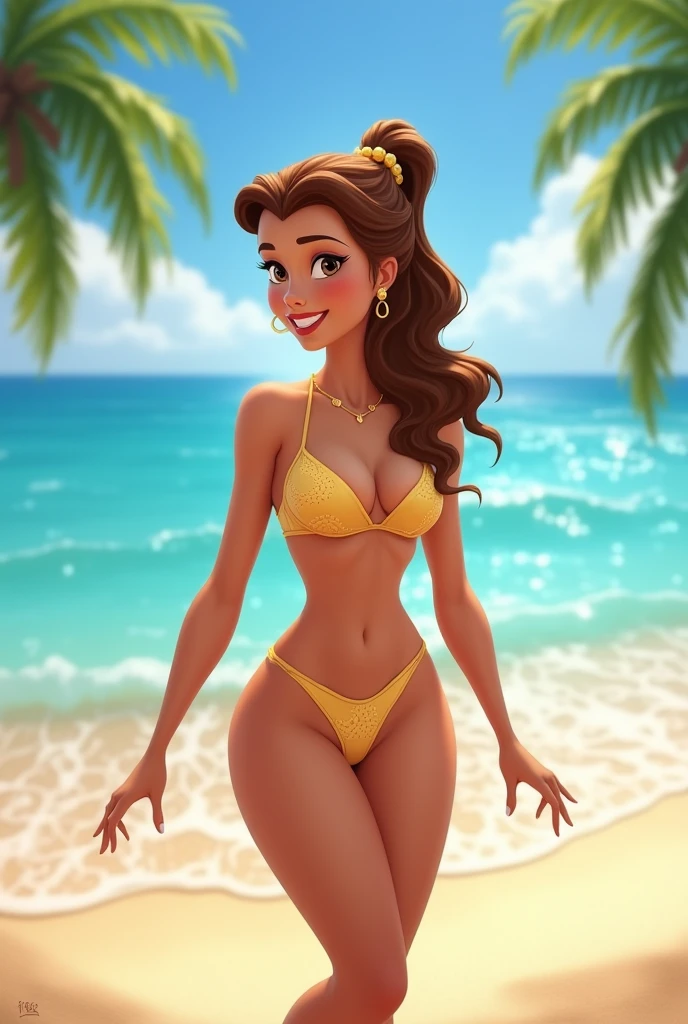 I would like Disney Pixar style animation in 3D in 4K. The setting is a paradisiacal and beautiful beach, with the character walking along the beach, dressed in a pink bikini and pink beach cover-up. The character is a wonderful woman of approximately 43 years old. His skin is white, greenish brown eyes, long and straight dark brown hair. The main character's outfit is a pink bikini with a pink beach cover-up.