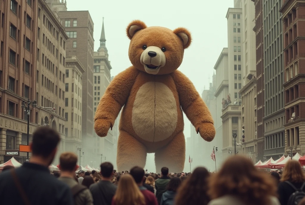 A giant teddy bear bigger than a building walks through the city、Crowds of people fleeing々、confusion、panic、