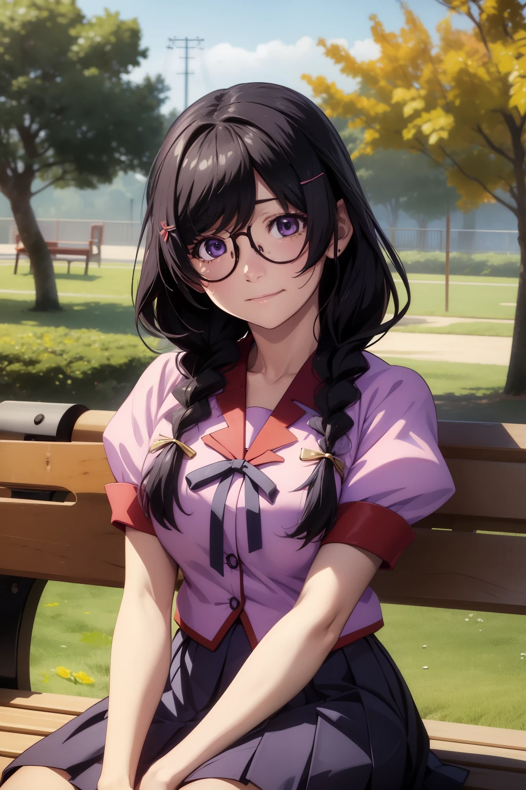 Anime painting、masterpiece、Highest quality、High resolution、detailed、One girl、solo、Staring at the audience、smile、hanekawa01、Long Hair、Braid、ツインBraid、Hair Ribbon、Glasses、Big Tits、skirt、Black Hair、Pink Shirt、hair ornaments、School uniforms、Purple Eyes、Barrette、Short sleeve、Naoetsu High School uniform、Close-up、sitting on a park bench、garden、wood