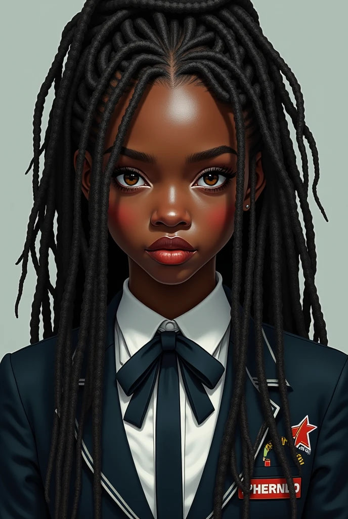 Oc boku no Hero academia, black skinned teen,
piercings na orelha, big white curly hair, Waist slender,Bullish, shining blue eyes, outlined in the eyes , cilios enomes, sharp fingernails, white blouse red tie moss green skirt