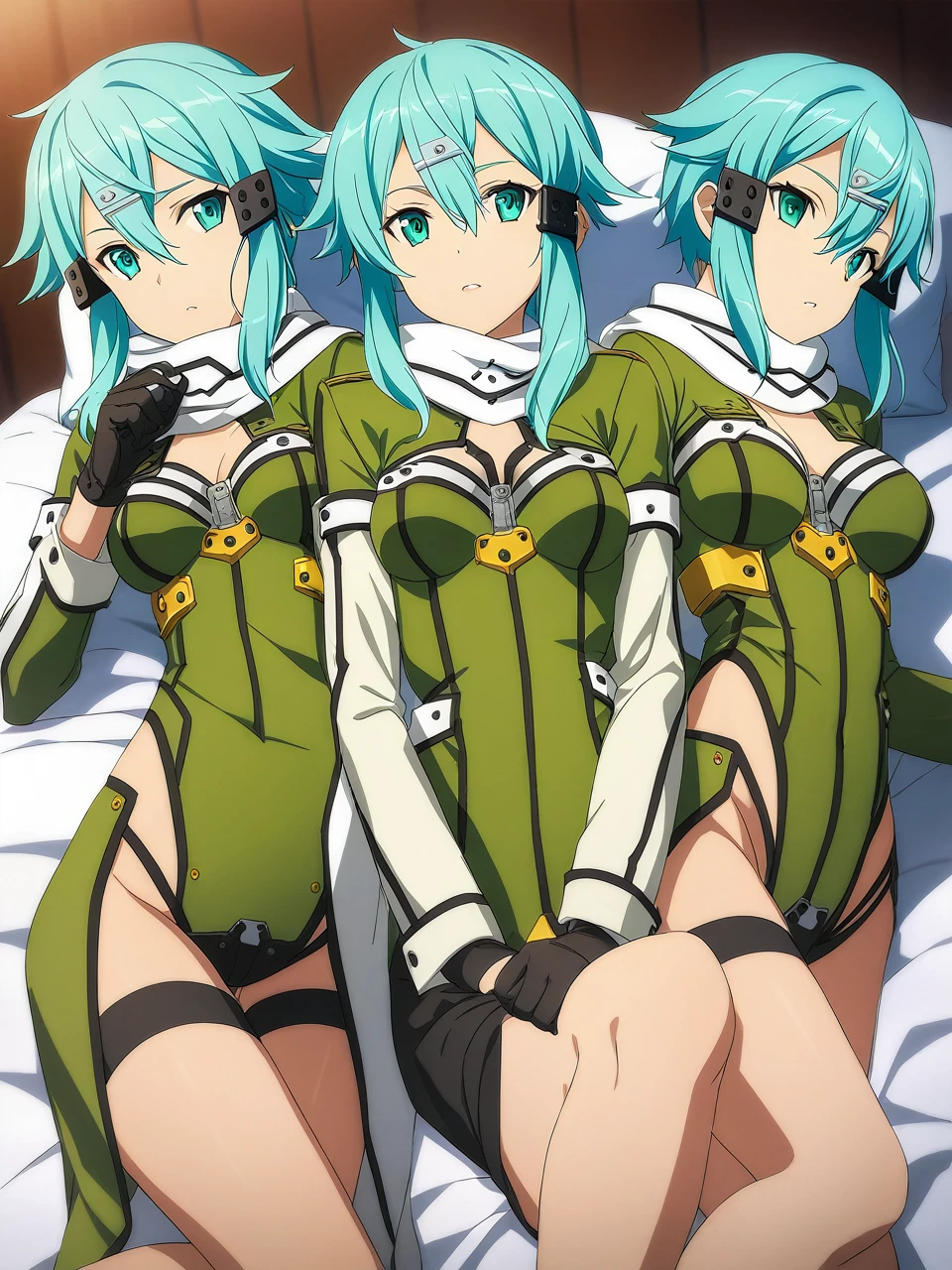 sinonggo, aqua eyes, short hair, aqua hair, sidelocks, hair between eyes, hairclip, hair ornament, green jacket, leotard, scarf, black shorts, gloves, long sleeves, medium breasts,
BREAK
(((4+ girls, Everyone is lying in bed))) depth of field, cinematic, game cg, anime screencap, official art, masterpiece, best quality
(((cloned face)))
(((similar identical twins)))
(((All the girls have the exact same face, The two have the same face and figure, as if they were mirror images)))