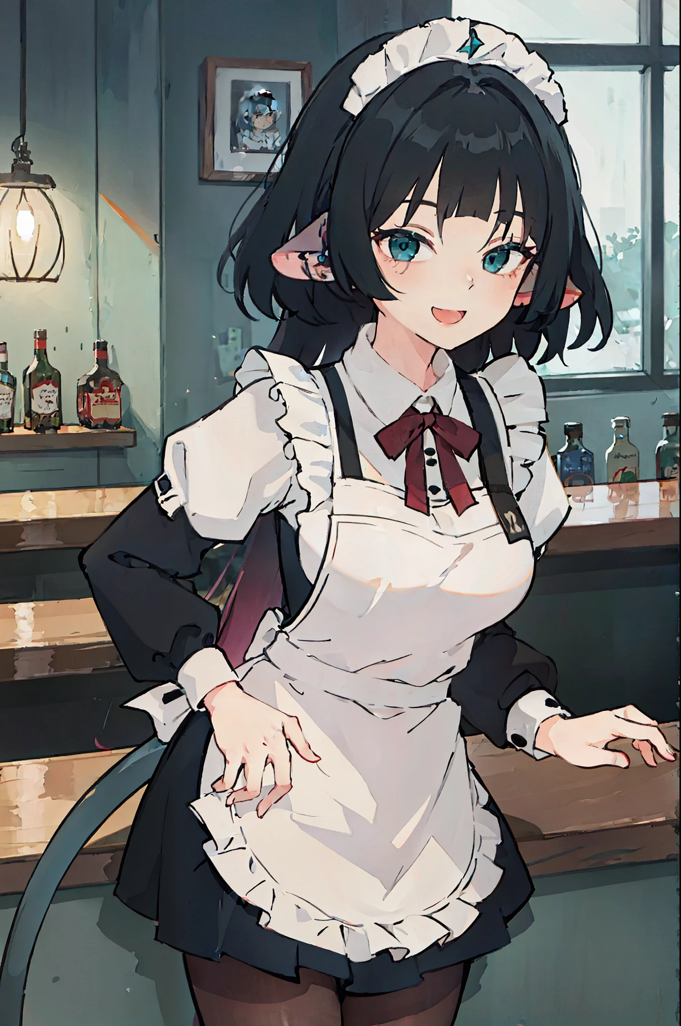 1girl, jane doe \(zenless zone zero\), long hair, solo, maid, maid headdress, maid apron, smile, embarrassed, pantyhose, open mouth, smug, cowboy shot, bar \(place\), indoors, depth of field, seductive smile , looking at viewer, tail