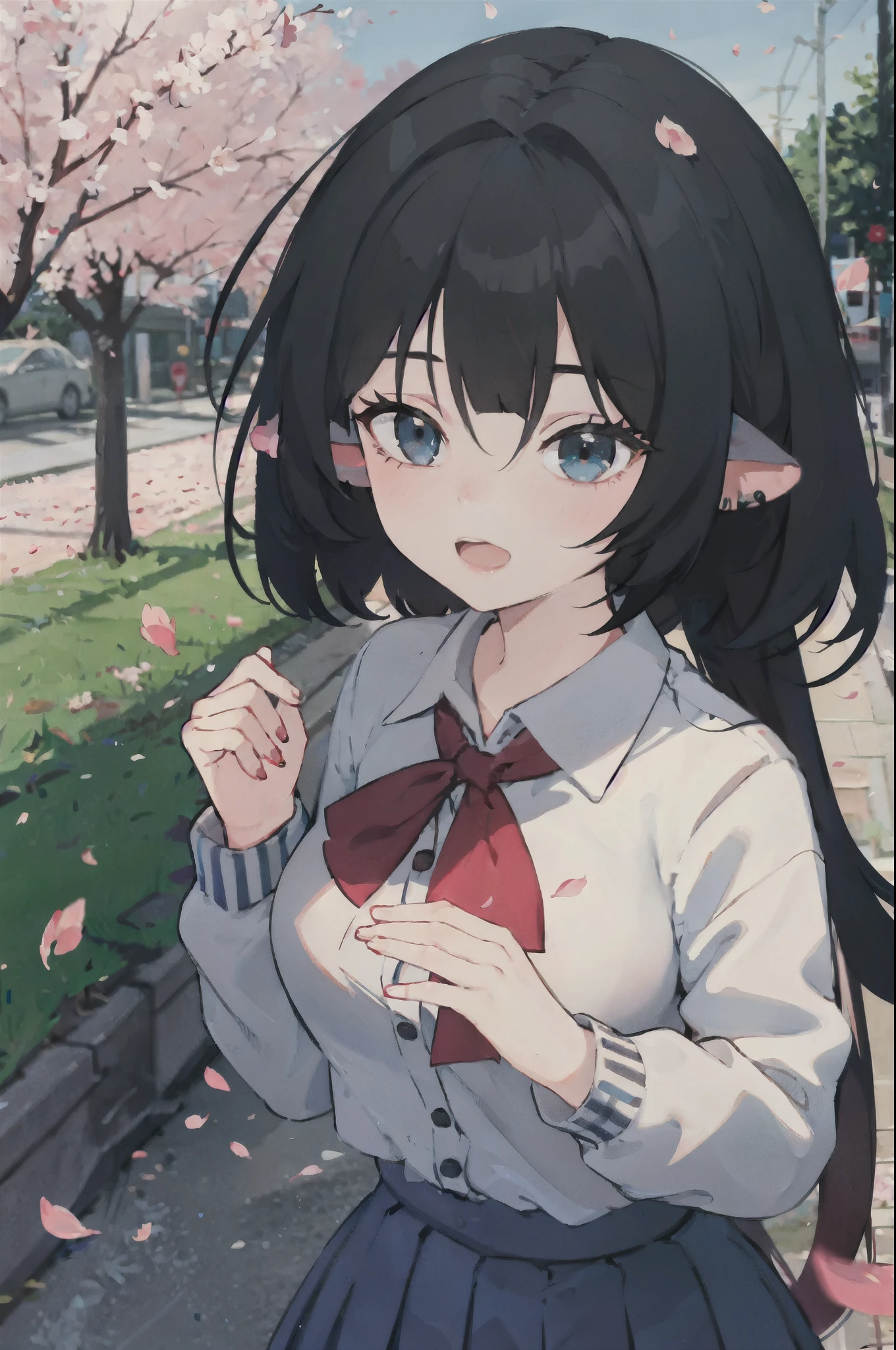 1girl, jane doe \(zenless zone zero\), long hair, solo, school uniform, white shirt, sweater, pleated skirt, pantyhose, smile, open mouth, looking at viewer, outdoors, street, cherry blossoms, petals, depth of field, tail