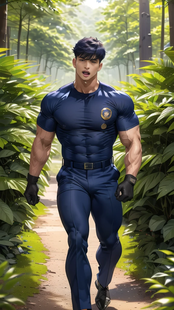 
Handsome man looks up, (Thin mustache:0.8), alone,(Buzz cut:1.1), (navy blue tight-fitting round neck short sleeve T-shirt:1.3),(Police badge:1.3),navy blue cargo pants,(navy_gloves:1.3),,chest muscles,large arm muscles,blood vessel,big muscles,Broad shoulders,open mouth, (short hair:1.2), (Walking in the middle of the forest:1.3) ,(disgust:1.3),(Wounds and blood on the body:1.2), (Open your mouth wide:1.2), (Let's fight.:1.3) ,(มองไปที่งูยักษ์open mouthตัวใหญ่มาก:1.3) ,(Torn shirt:1.5)