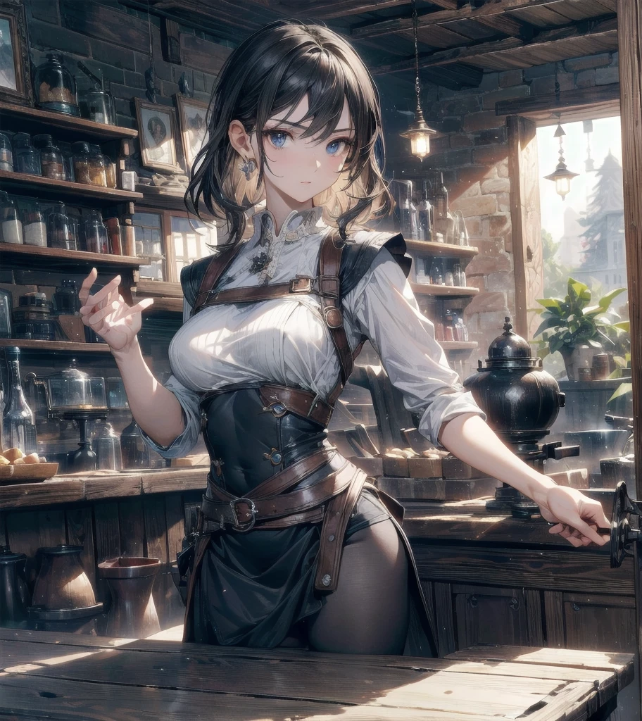 A woman in a corset is sitting on a shelf holding a sword, extremely detailed art jam, Kschat Krentz Key Art Feminine, style art jam, Up to the model | art jam, style ivan talavera and art jam, style of art jam, ! dream art jam, art jam. Attention to detail