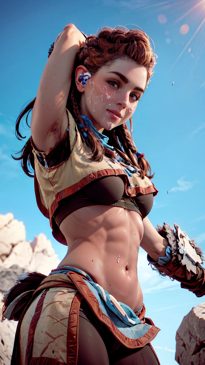 AloyHorizon, solo, long hair, smile, brown hair, hair ornament, navel, rock climber physique, brown eyes, braid, outdoors, parted lips, sky, day, midriff, red hair, (hands behind head), bikini armor, armor, blue sky, lips, thick eyebrows, shoulder armor, freckles, body freckles, looking into camera, cumfacial55, cum on face, cumshot, cum
cumfacial
facial 