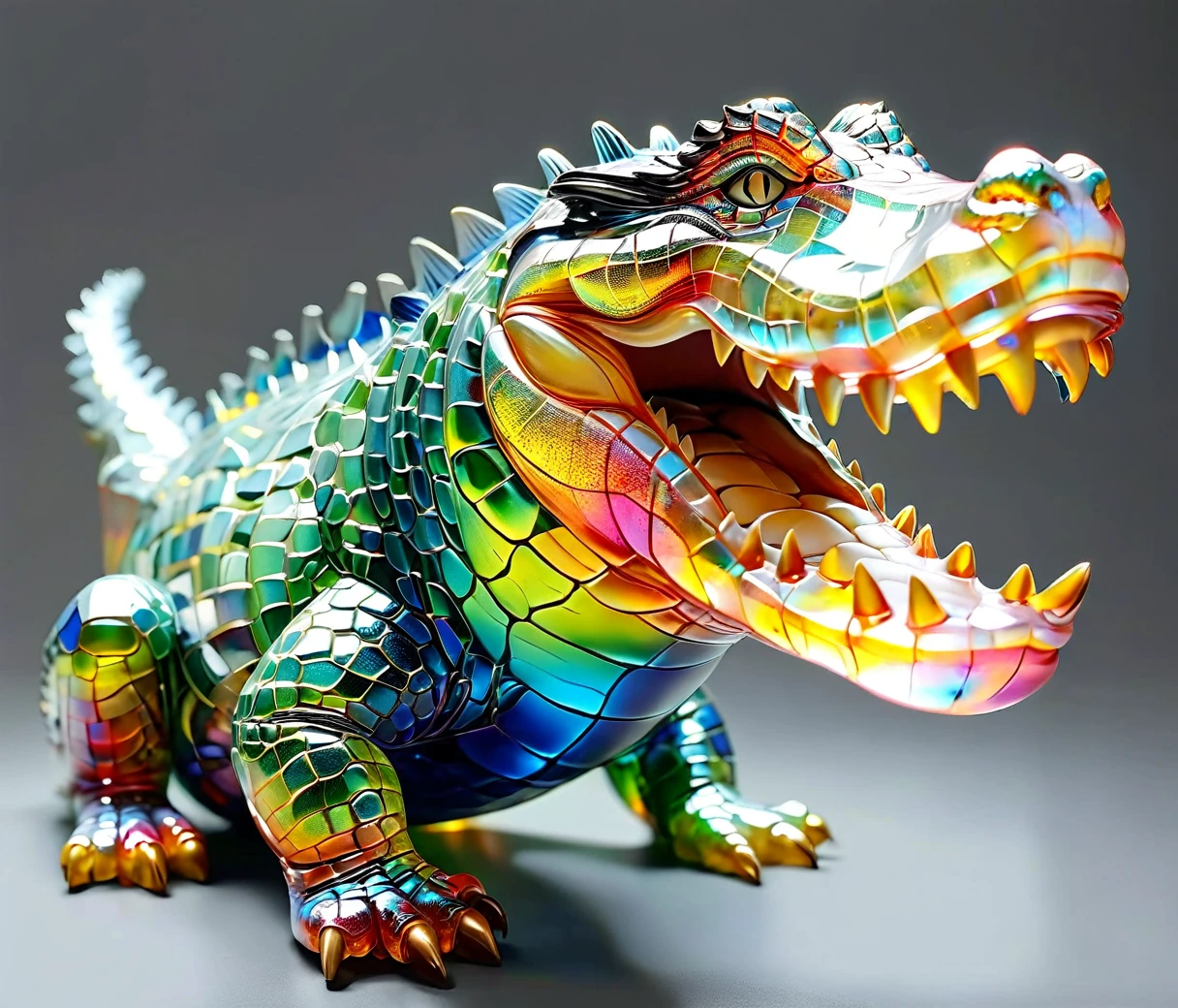 gl4ssj3m, (chubby, male, crocodile), transparent glass sculpture, vibrant colors, done by artists such as Ruan Jia, hires textures, highly detailed, intricate details, best quality, masterpiece, (((grey background))), detailxl