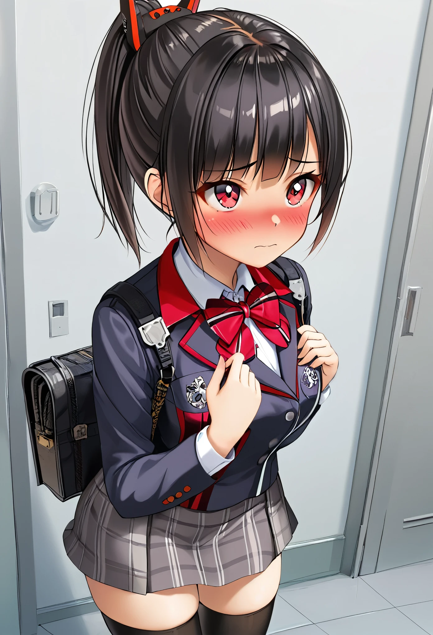 Perfect Face、Perfect hands、name him, black hair, red eyes, ponytail, bangs, plaid skirt, school uniform, jacket, thighhighs, bowtie, collared shirt, zettai ryouiki.,Look this way、Looking up、Embarrassed、blush、Good manners