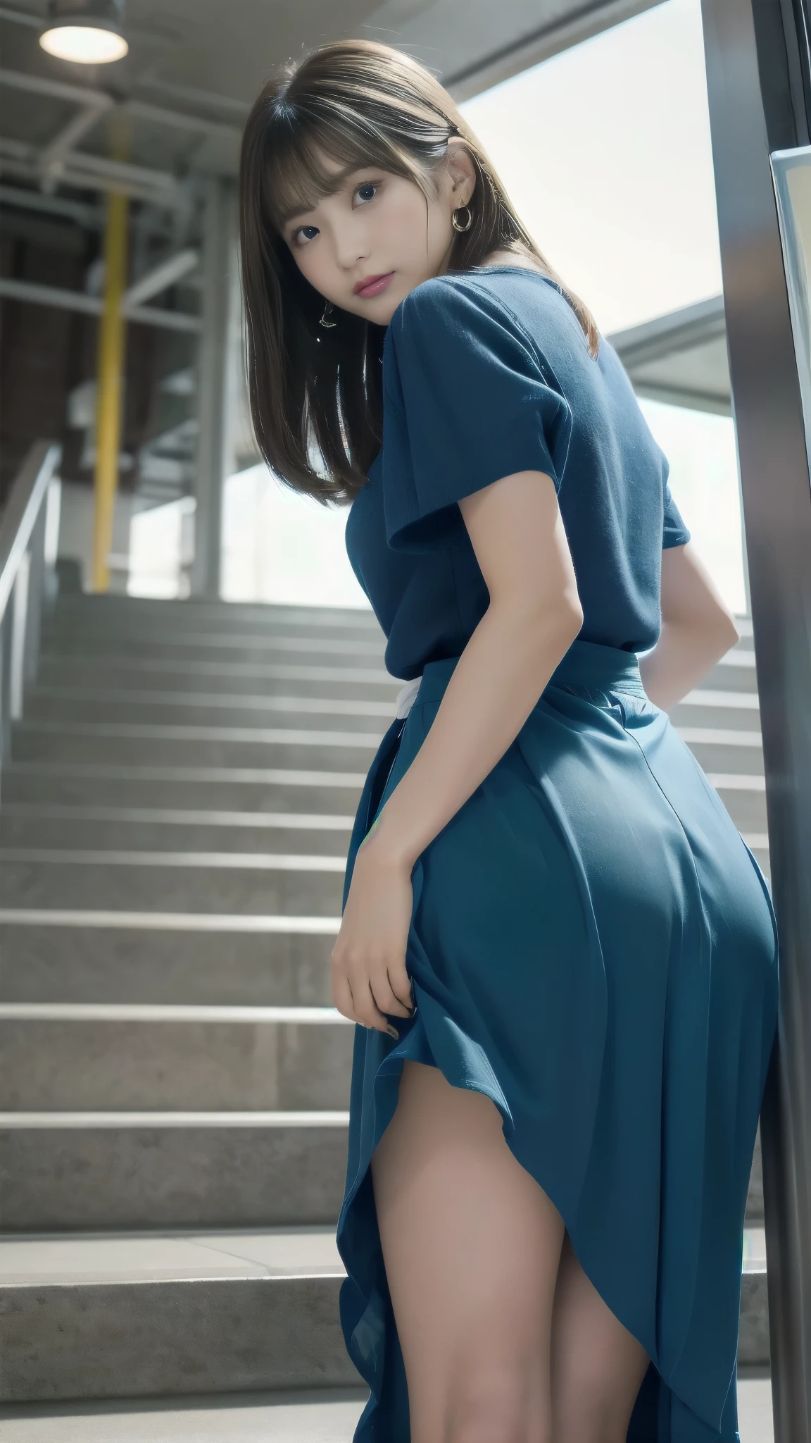 Highest quality、Best image quality、8k、Highest Resolution、masterpiece, Like a scene from a movie, Girl climbing the stairs at the station, Beauty, Light brown hair, Straight Hair, Cross bangs, expressive hair, Shiny Hair, Earrings, university student, ((I have a bag)), (Wearing a long blue dress:1.3), Model body type, well-proportioned body, Anatomically correct body, Rear view, Character portrait, (Peek into the skirt from below:1.5), (White panties visible in the skirt:1.5), f/2.8, Nikon,