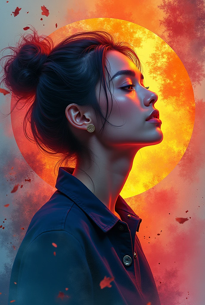 centralized writing HA VI with a capital letter and PHAM with a lowercase letter, written with planet being the name highlighted
with planet elements, the shadow of a woman making a headline, a radiant star, a simple contemporary art background,hong khong 90s, long hair