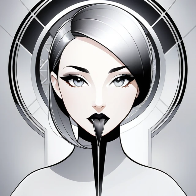 Create a minimalist art-deco character with sleek, geometric lines and a limited color palette, evoking a modern, streamlined elegance. The character should have a 'silver tongue,' symbolizing charisma and persuasion, with a sharp, confident expression. Integrate abstract metallic accents, especially around the mouth and facial features, to highlight the 'silver tongue' trait. The design should follow the principles of the Phosphor icon set: simple, bold, and with strong contrast, using minimalist details to convey sophistication. Keep the background clean and elegant, with subtle art-deco patterns.