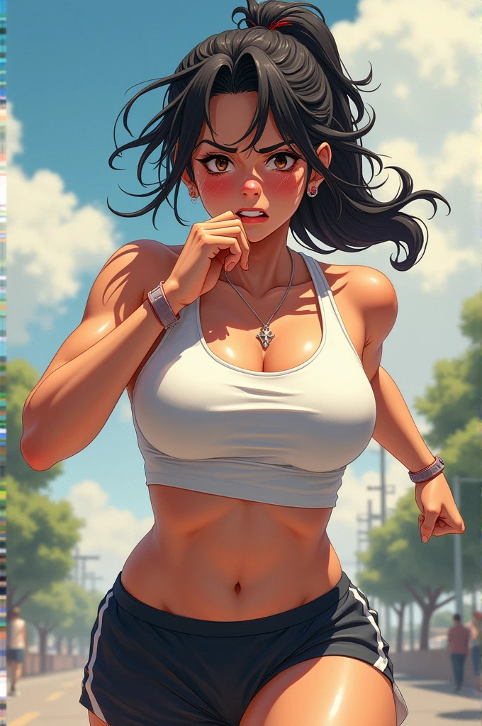 (masterpiece, best quality, photorealistic, cinematic), 1 girl, (Japanese girl), (bursting breasts, large cleavage, plumpy and glossy breasts:1.2), long round legs, solo, running, Gray Track Top, pink shorts, ponytail, athletic build, dynamic brushstrokes, fluid movement, capturing the essence of her athleticism and energy, using light colors and soft tones to create a dreamy and ethereal atmosphere, portraying the motion and grace of running, showing the wind blowing her ponytail and clothes, and the scenery of her surroundings. outdoors, detailed background, Modern metropolis,