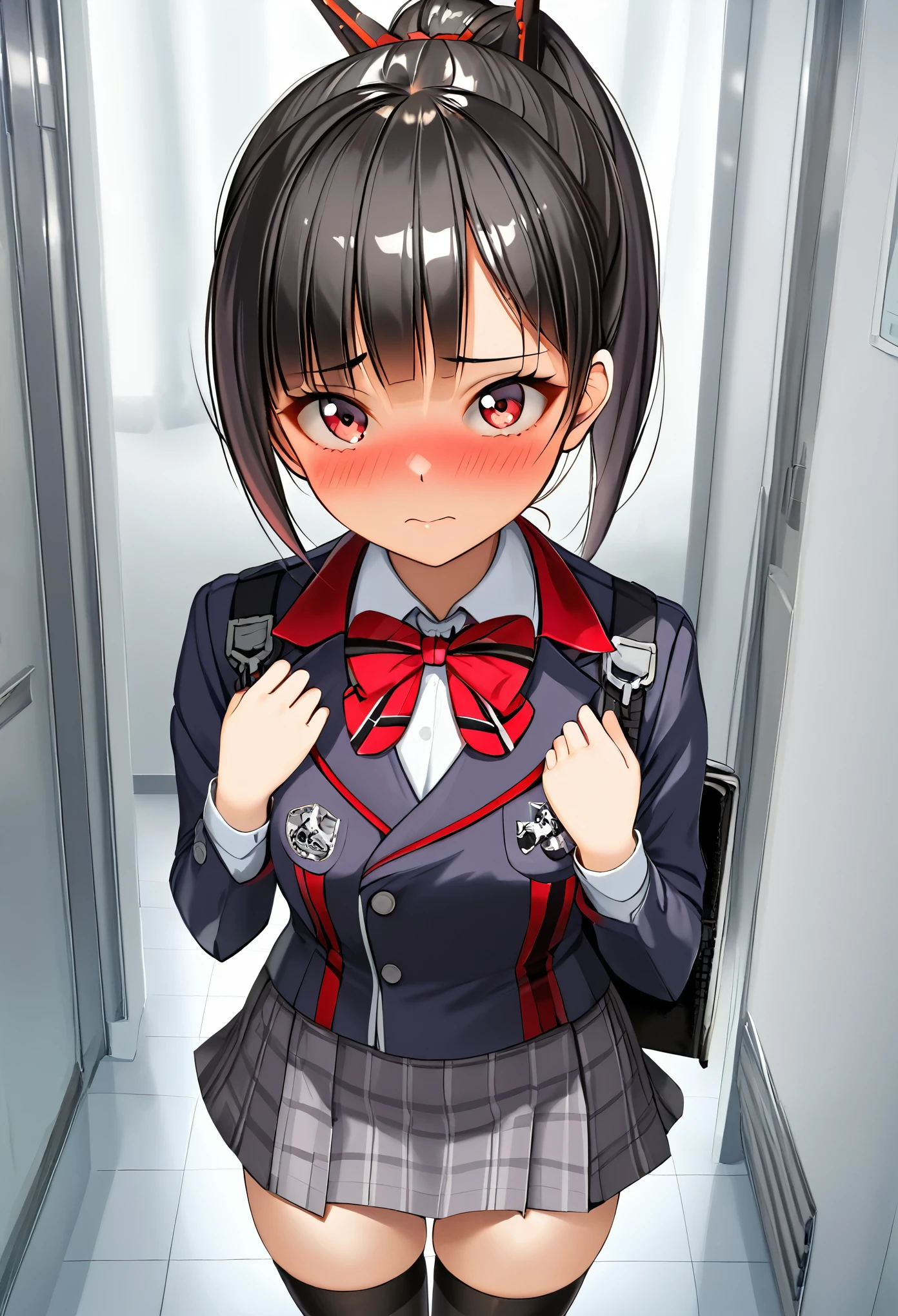 Perfect Face、Perfect hands、name him, black hair, red eyes, ponytail, bangs, plaid skirt, school uniform, jacket, thighhighs, bowtie, collared shirt, zettai ryouiki、front、Look this way、Looking up、Embarrassed、Good manners