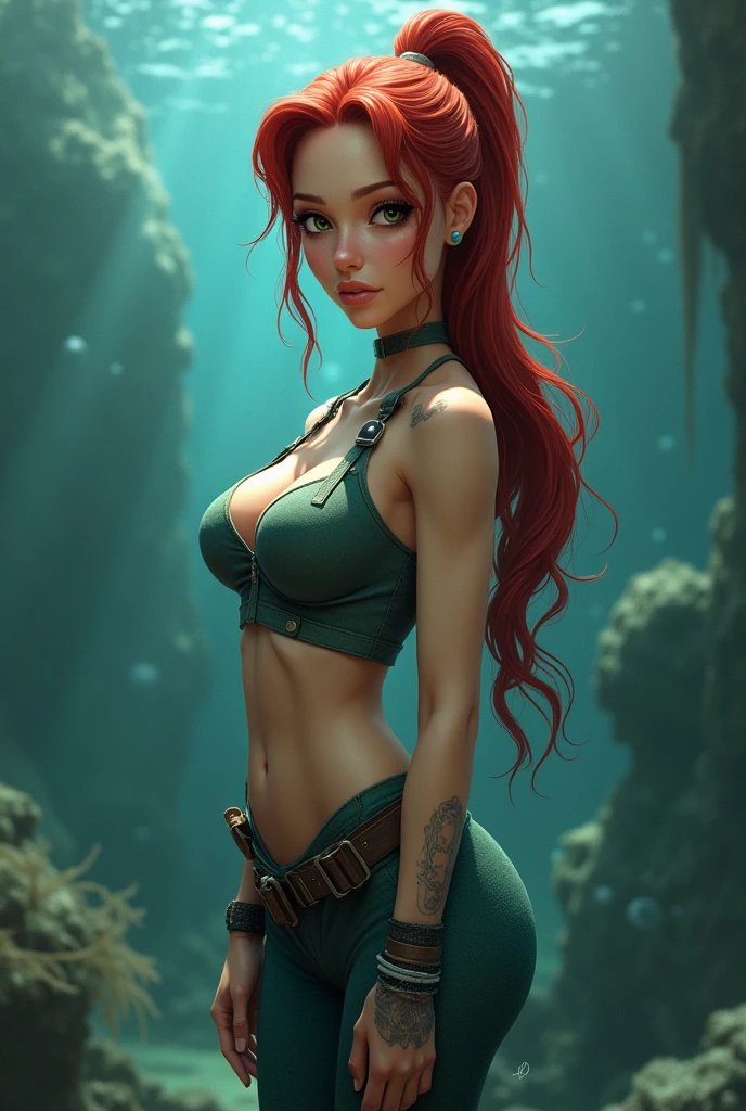 best quality, masterpiece, ultra detailed, ultra high res, realistic, bright colour, nude female, large breast, cleavage, very long pink mohawk hair, front view, under water, depth of field