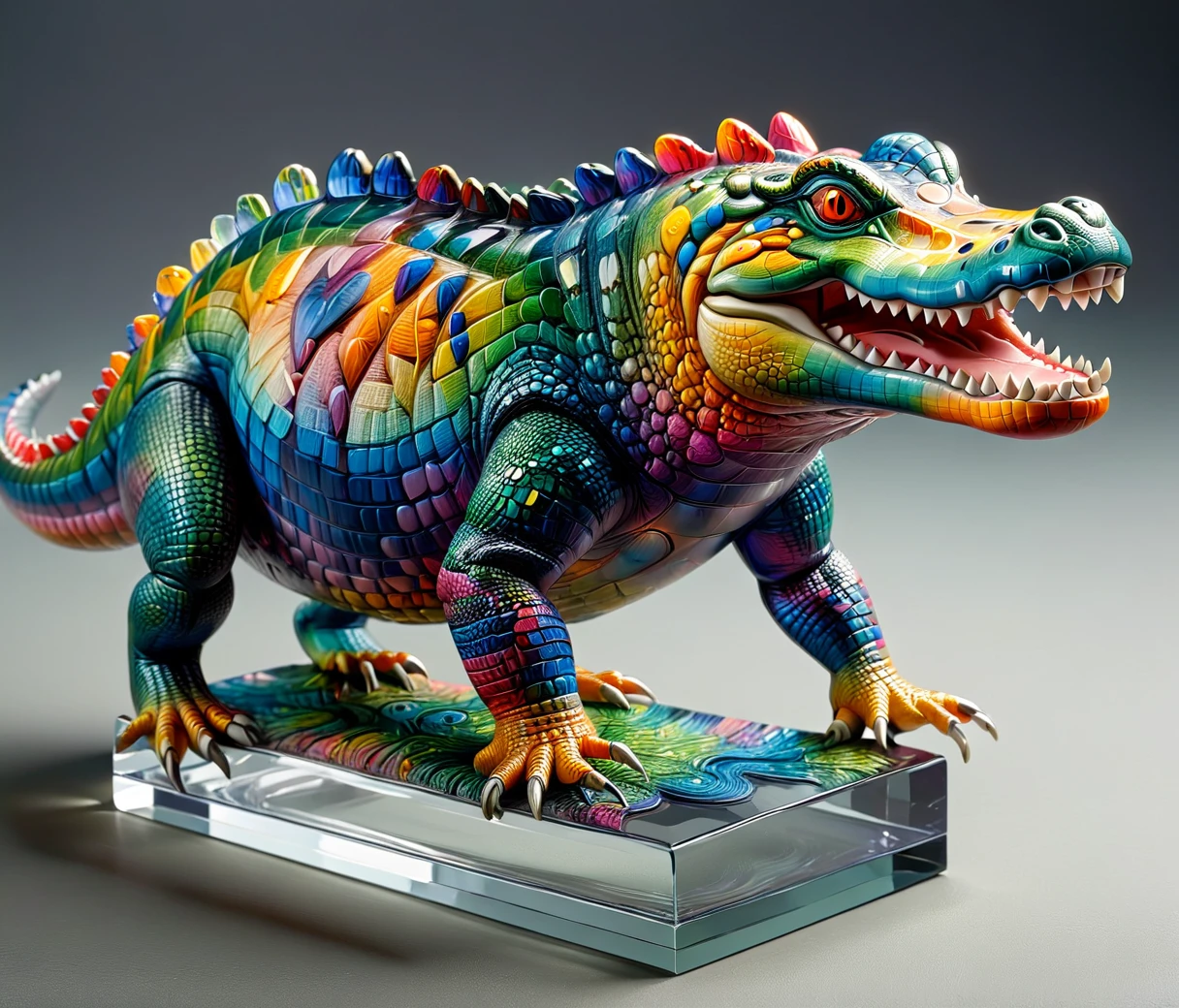 (chubby, male, crocodile), transparent glass sculpture, vibrant colors, highly detailed, intricate details, best quality, masterpiece, mad-vangoghian, depth of field, (((grey background)))