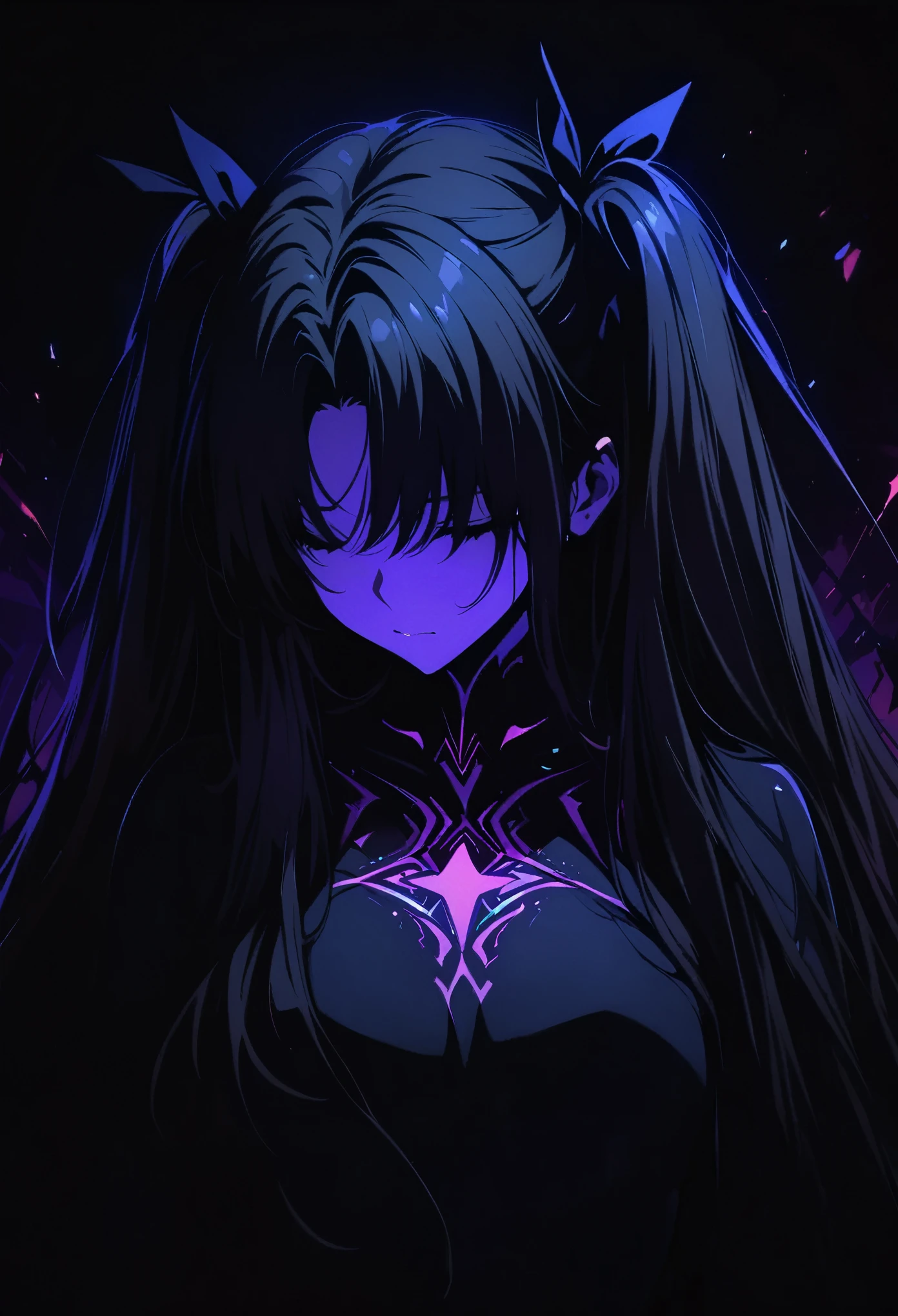 Rin Tohsaka，(masterpiece, best quality:1.2), Black Light Art，1 girl, solitary，Chest