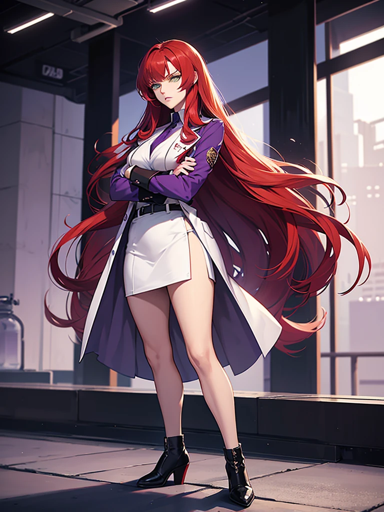 green eyes, red hair with long bangs, noble. wavy long hair. strong woman. she quiet. wear purple and black t shirt. dominant woman. mafia. mature woman. girl boss. badass woman. gangster. hair so long have bangs. gangster. wear winter purple jacket. red hair. slepping