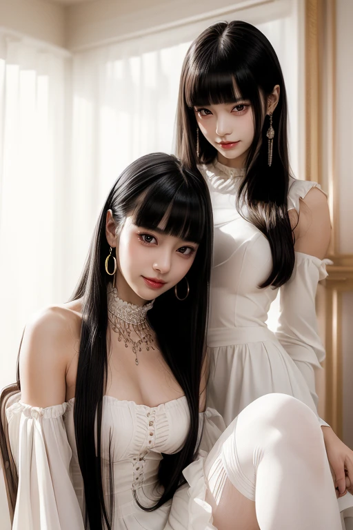 NSFW:1.3、((muste piece))、((best quality))、high quality、High definition、High resolution、high details、(black background)、full figure、Lens flare、ray tracing、side light、high qualityなshadow、high qualityなテクスチャ、detailed texture、Beautiful details、(detailed beautiful delicate face、Detailed beautiful delicate eyes、perfect facial proportions、detailed skin、Charm、realistic and colorful)、((Slender beauty))、Beautiful woman、sexy actress、 gravure girls 、((Front and back views))、(Her butt is visible between her legs spread apart.)、(intricate details、Makeup、Pure Eros Face)、flashy hair color、beautiful bangs、detailed chest、big breasts pointing upwards、((underboob))、((side boob))、((chest protuberance:1.5))、white see-through