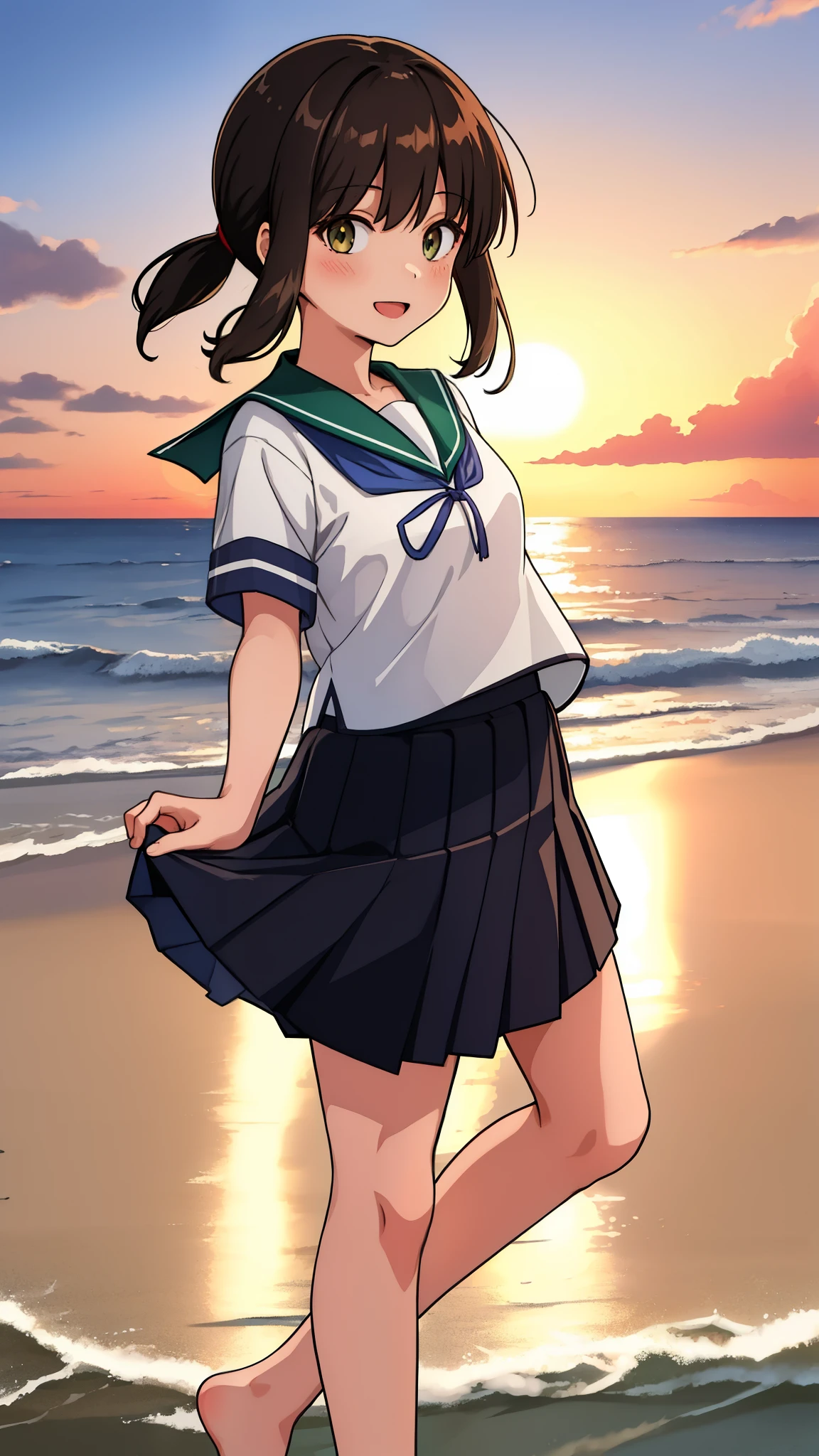 (masterpiece, best quality:1.2),illustration,8k,HD,Seaside,Sunset sky,1girl,solo,brown eye,振り返る, barefoot,(portrait:1.2),black_hair,short_ponytail,white seraph,sidelocks,low_ponytail,green_eyes,smile,black_eyes,school_uniform,pleated_skirt,skirt,