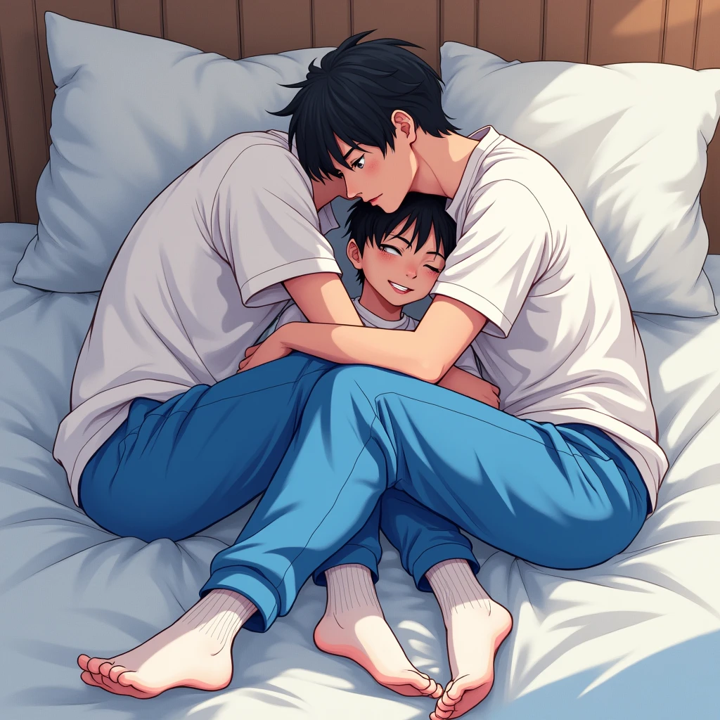 Yeonjun, with his deep orange hair, sports a pure look and an angelic face. He wears comfortable pajamas and a white shirt that highlights his figure. In his arms, Christopher hugs him tightly. Christopher's ink-black hair contrasts with the softness of his white shirt. while the wind whispers a melody of love. Yeonjun feels comforted in boyfriend's chest, his heart finding peace as they rest on the bed, embraced by the silence of the night. Yeonjun is 1 and Christopher is 20 years old, both are male. They are both ADULTS, lying on the bed.