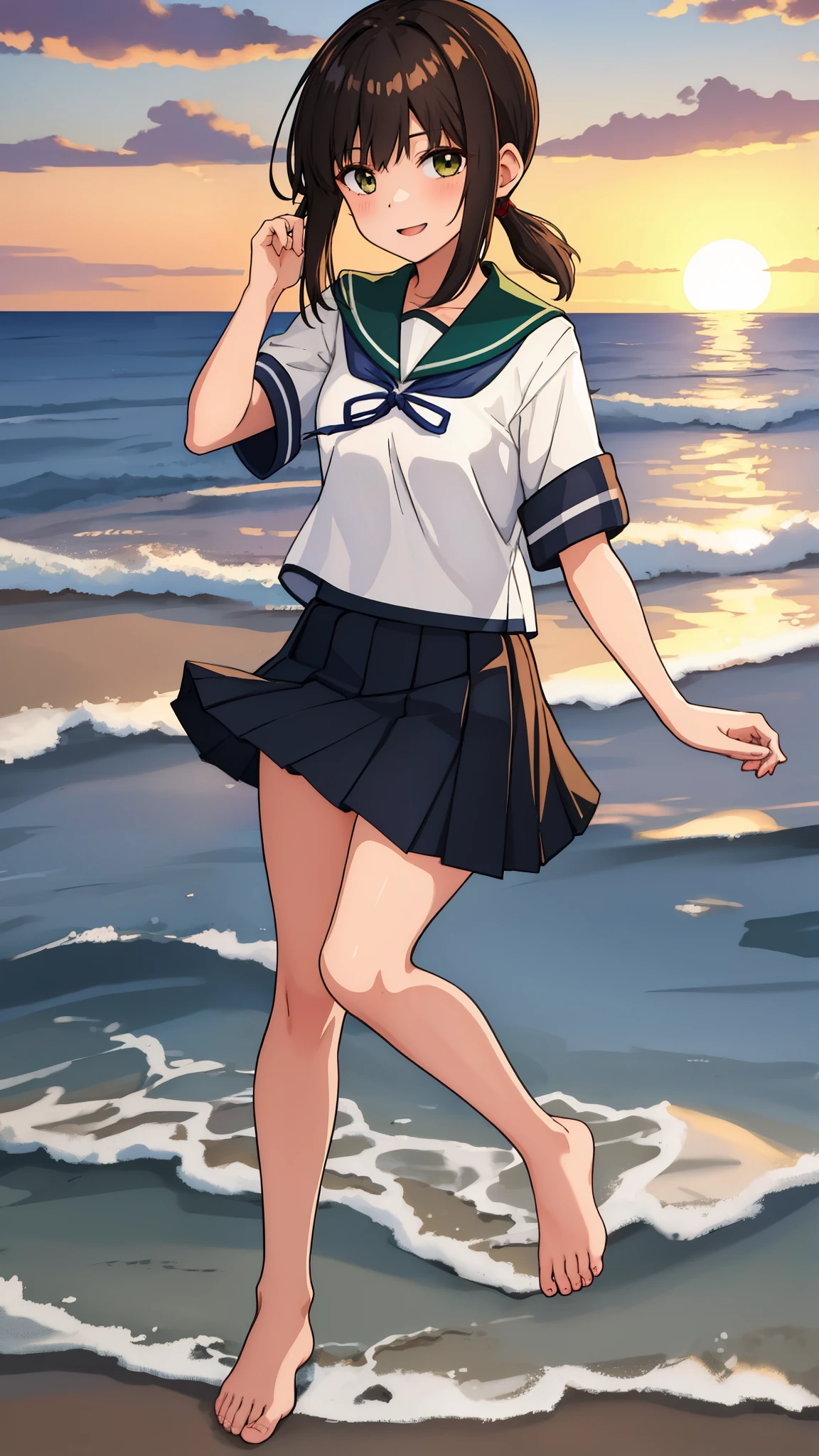 (masterpiece, best quality:1.2),illustration,8k,HD,Seaside,Sunset sky,1girl,solo,brown eye,振り返る, barefoot,(portrait:1.2),black_hair,short_ponytail,white seraph,sidelocks,low_ponytail,green_eyes,smile,black_eyes,school_uniform,pleated_skirt,skirt,