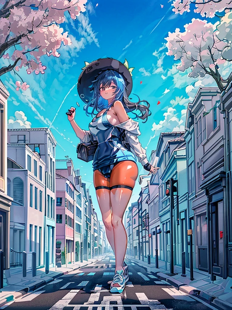 Composition seen from below (blue sky) ((cumulonimbus cloud)) ((buttocks)) ((turns back)) Masterpiece Anime style Delicate picture 4K 90s (((((This is a street lined with houses lined with trees)))), ((Girl looking down at the roofs of houses)) Ground vehicle, outdoors, ((bicycle)), tree, landscape, car, road, sun , building, cloud, house, blue sky, window Crowd Crowd Crowd of people ((((Giant girl walking on the road in a residential area)))　(((((Swimsuit)))) ((Straw hat)) ((Tanned skin))  Watch Black hair Smile Giant female girl Full body Crowd Unreal Engine, cleavage, photo, earrings, long hair , cute photo, beauty, analog style, whole body, sneakers,GTS, Giantess Female Giant, huge  girl in the valley between buildings, skyscraper area, big city,