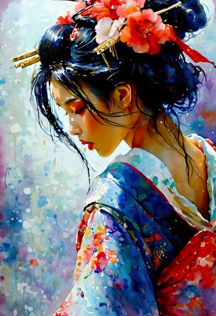 Ink Painting of a Japanese kimono girl