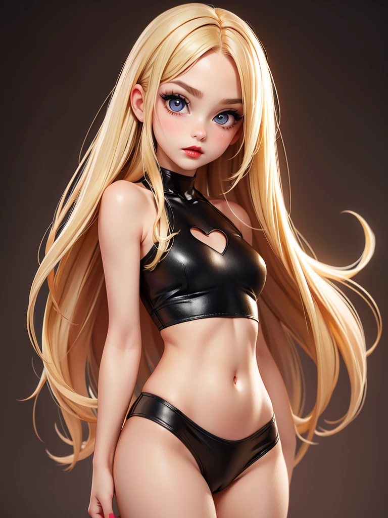 hyperrealistic american teen, blondittle, perfect tiny body, sexy, dark makeup, perfect slim face, big red lips, very cute face, tiny body, big eyes, young looking, childish looking, underwear