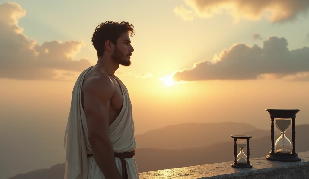A male stoic philosopher with a well-proportioned and attractive physique, not excessively muscular. He is wearing classic tunics, slightly transparent, that gently drape over his body, subtly revealing parts of his shoulder, with a very short and well-groomed beard, and wavy, well-stylized hair. The philosopher is standing in front of a reflective surface, gazing deeply into it with a determined expression, ready to confront uncomfortable truths head-on. The scene is set in a vibrant, impressionist landscape with rich colors and dynamic brushstrokes, creating a sense of movement and emotion. The background has a subtle texture that adds depth but complements the text without overpowering it.