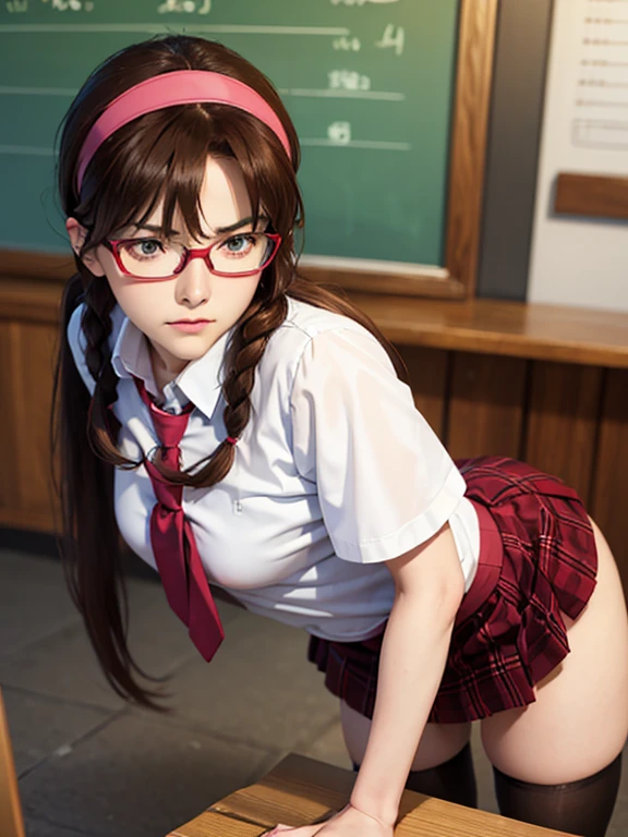 ((fall on one's butt with open legs:1.2, She shyly holds down her skirt:1.2, Embarrassed look)), Lucky Happenings, ((In the classroom)), BREAK. 1girl, Mari Makinami, blue big eyes, brown hair, thick red rimmed glasses, headband, twintails, dress shirt, plaid skirt, pantyhose, school uniform, thighhighs, necktie, Slightly slim Beautiful figure, parted bangs, (Teddy Bear), ((masterpiece)), (anime realistic), High resolution, Best Quality, artistic photography, Super detailed, (high quality texture:1.2), RAW photos 