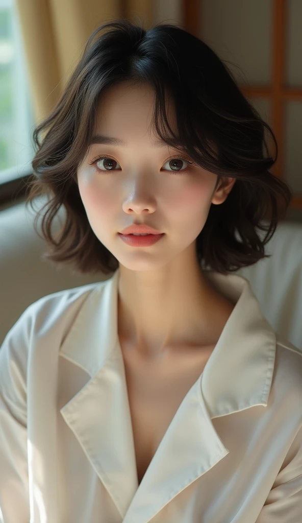 hamabeminami, (RAW photo, best quality), (realistic, photo-realistic:1.4), masterpiece, an extremely delicate and beautiful, extremely detailed, 2k wallpaper, Amazing, finely detail, extremely detailed CG unity 8k wallpaper, ultra-detailed, highres, soft light, beautiful detailed girl, (extremely detailed eyes and face, extremely detailed skin), beautiful detailed nose, slim lips, beautiful detailed eyes, dramatic lighting, perfect anatomy, slender body, short hair, (big boobs, very huge breasts, cleavage, brighten face, light on face, glowing skin)