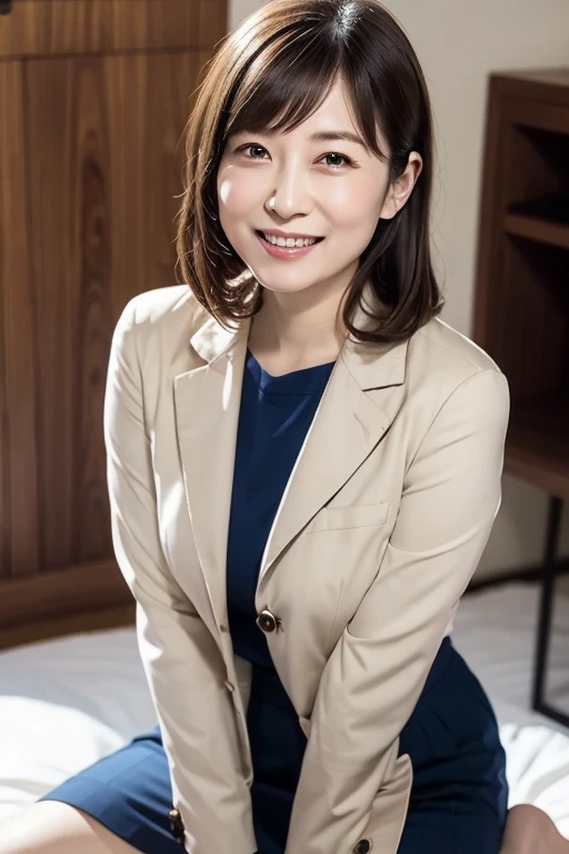 Masterpiece, photo quality, Japanese mature woman, CEO secretary, business jacket, cotton tight skirt, updo, smiling face, bangs, (droopy eyes, gentle eyes: 1.2), beautiful skin-colored thighs, office, perfect lighting,