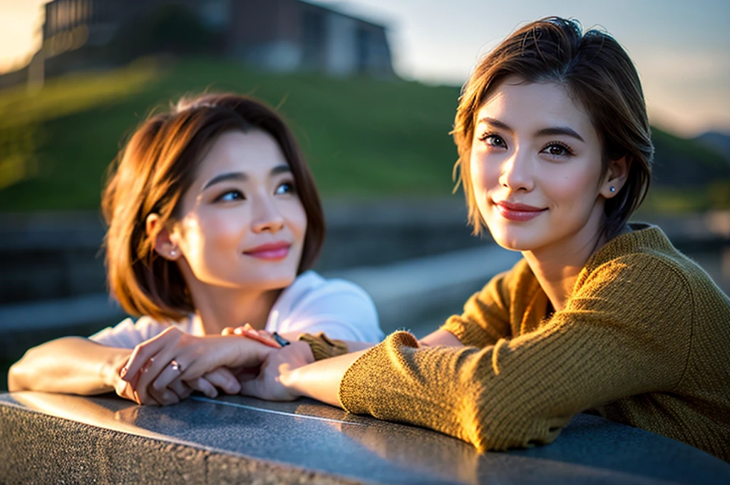 (Realistic:1.1),(masterpiece,Highest quality),8k,(40 years old), 42 years old, slimカップル、Model Couple、actress/actor、Tight waist,Upper Body,full-course dinner、wine 、Amazing view of the sunset sky and clouds、Perfect Anatomy, Brown Hair, short hair,Random Hairstyles,((Highly detailed face and eyes:1.2))(cute顔:1.4),美しいactressの顔,Perfect golden ratio face,Long sleeve shirt、dress,(smile:1.2)、Shortcuts、cute、(Realistic, Intricate details:1.2), A bright smile、short hair,Bright Face、赤wine 、Appetizers、Italian food、wine bottle、Champagne、スパークリングwine、(slimな顔), (The body is slim), (Brown Hair), (Shortcuts), Upper Body, 白wine, slim, wineグラス,