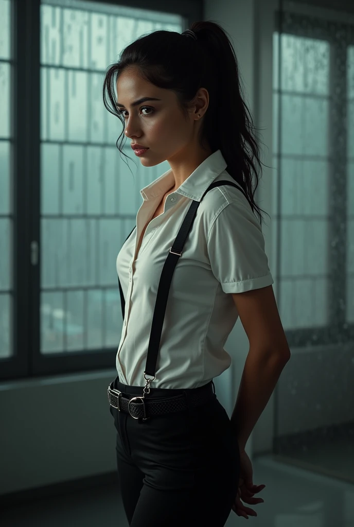a woman in a suit, belt, hands behind back, sweating, suspenders, black pants, sexly, large breasts, see-through clothing,, detective, office worker, white button-up shirt, (best quality,4K,8k,highres,masterpiece:1.2),ultra-detailed,(realistic,photorealistic,photo-realistic:1.37),hyper-detailed,highly detailed face and body, Slender　thin　suspenders　Moderate breasts　See-through shirt　Nipples　holster　chain　Pistol　Armament　criminal　Female criminal　knife　japanese　profile　Japanese women　arrested handcuff　Cable tie on thumb　Restraint Fingercuffs
